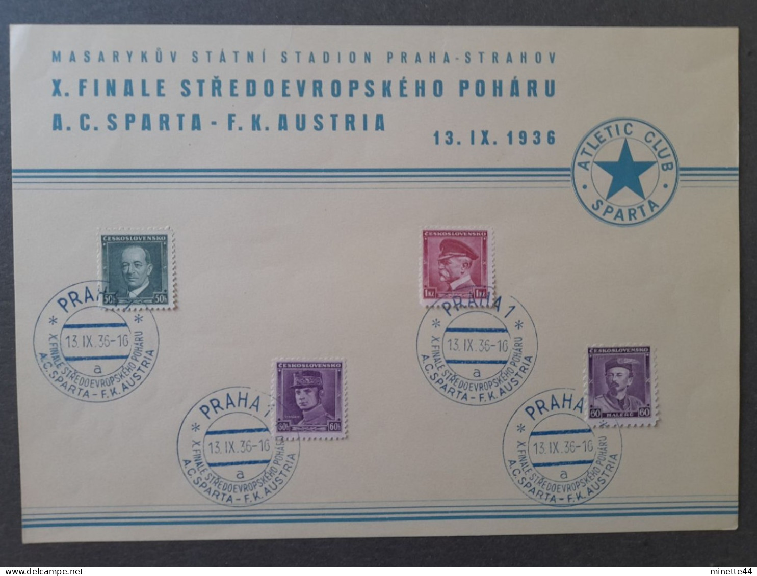 CESKA TCHEQUE TCHEQUIE 1936 A SPARTA AUSTRIA Blue Finale Day   FOOTBALL FUSSBALL SOCCER CALCIO FOOT FUTBOL VOETBAL - Storia Postale