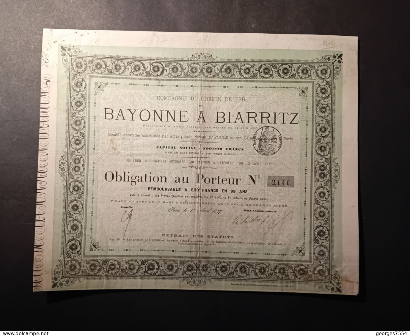 Rare ACTION - BAYONNE A BIARRITZ - Obligation De 500 FRANCS - 1877 - Trasporti