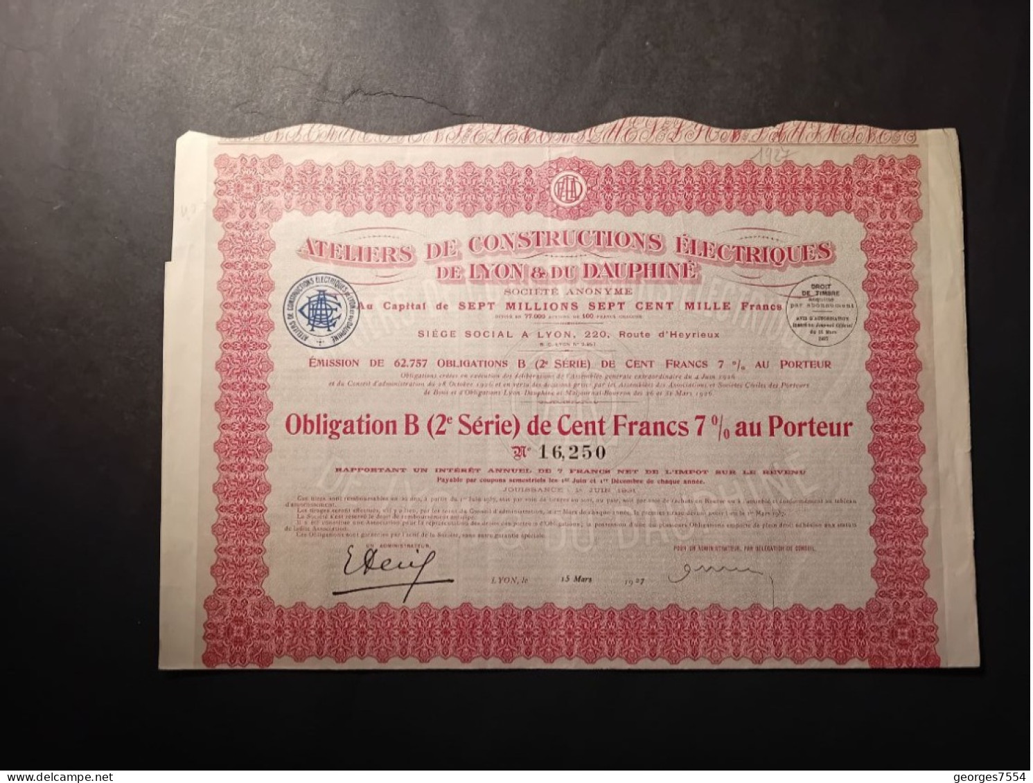 ACTION - ATELIER DE CONSTRUCTIONS ELECTRIQUES DE LYON ET DU DAUPHINE  - Obligation De 100 FRANCS - 1927 - Electricité & Gaz