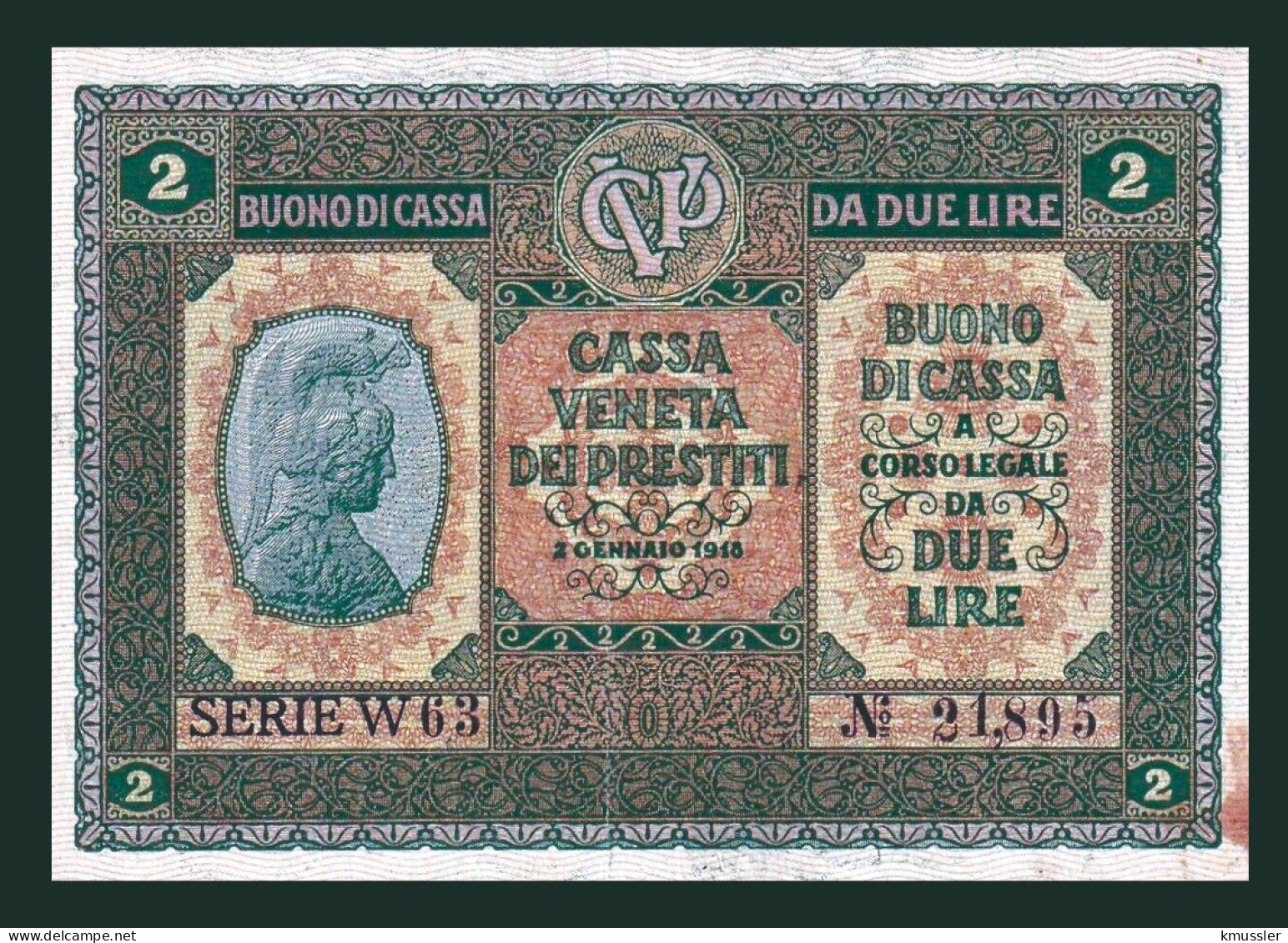 # # # Banknote Italien 2 Lire 1918 AU # # # - [ 4] Vorläufige Ausgaben