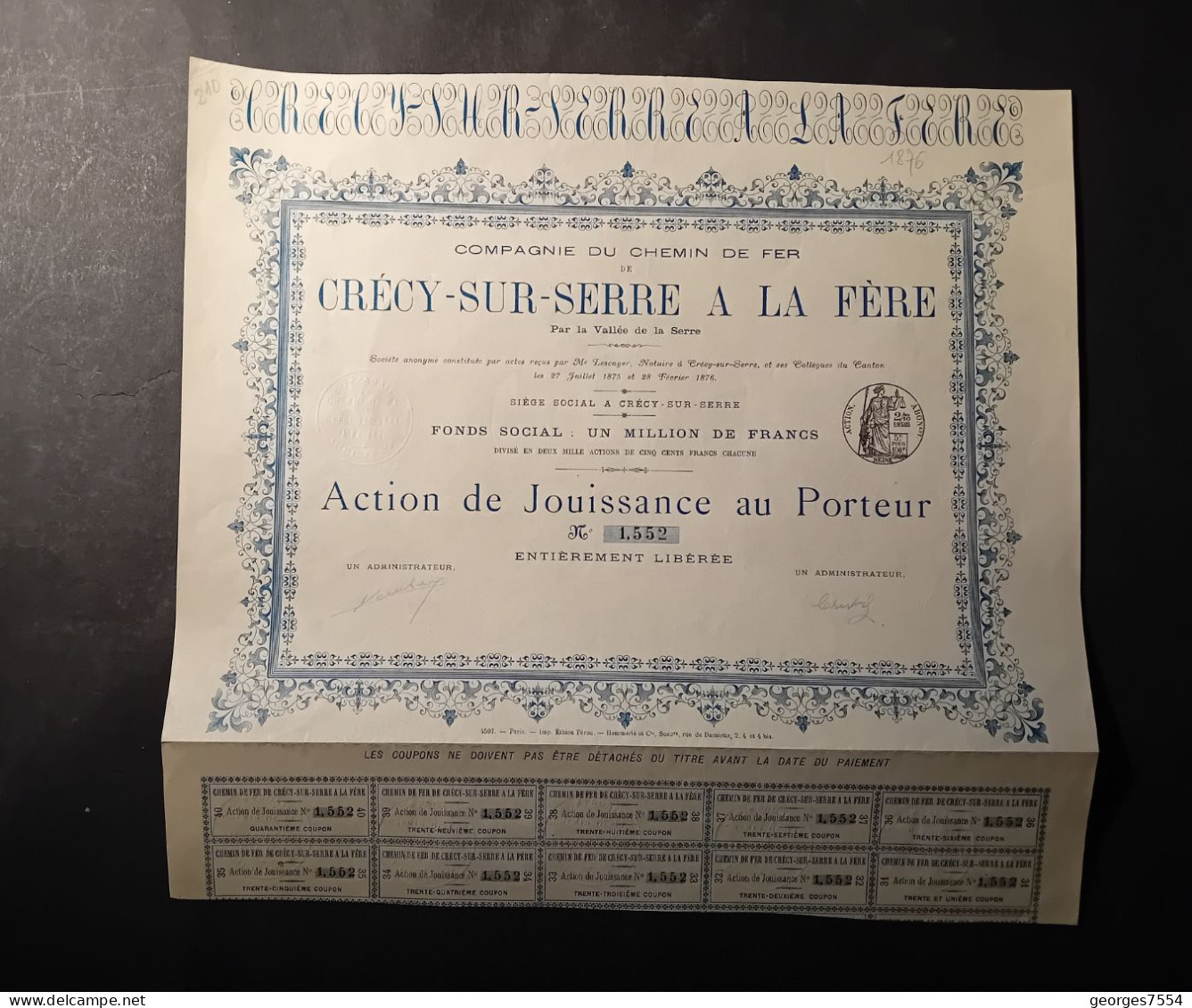 ACTION De Jouissance - Cie. De Chemin De Fer GRECY-SUR-SERRE A LA FERE 1876 - Transporte