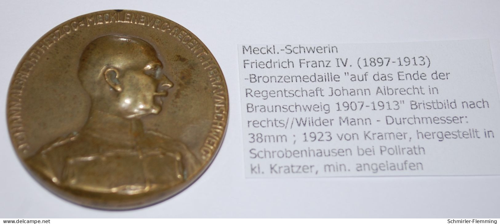 Meckl.-Schwerin Friedrich Franz VI. (1897-1913) Bronzemedaille 1923, Von Kramer, 38mm, 32,14g, Ss - Profesionales/De Sociedad