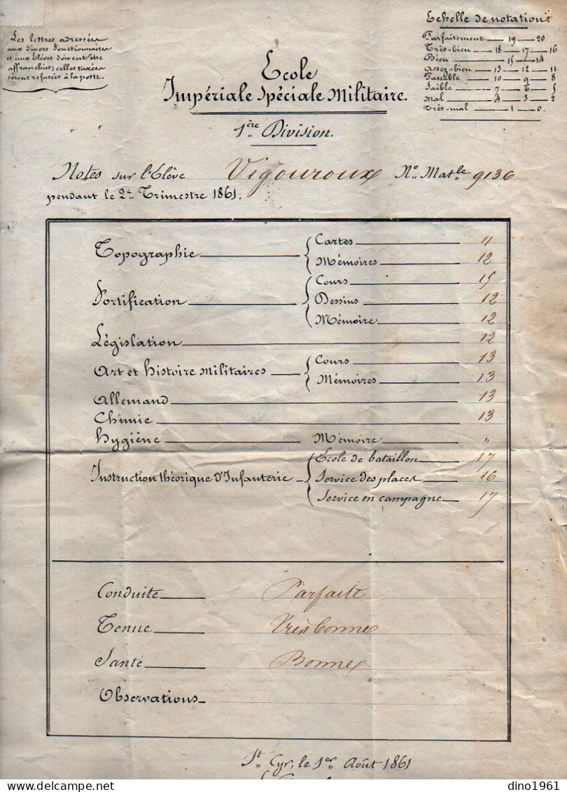 VP22.933 - MILITARIA - SAINT CYR X PARIS 1861 - Ecole Impériale Spéciale Militaire, Notes Sur L'Elève VIGOUROUX - Documenten