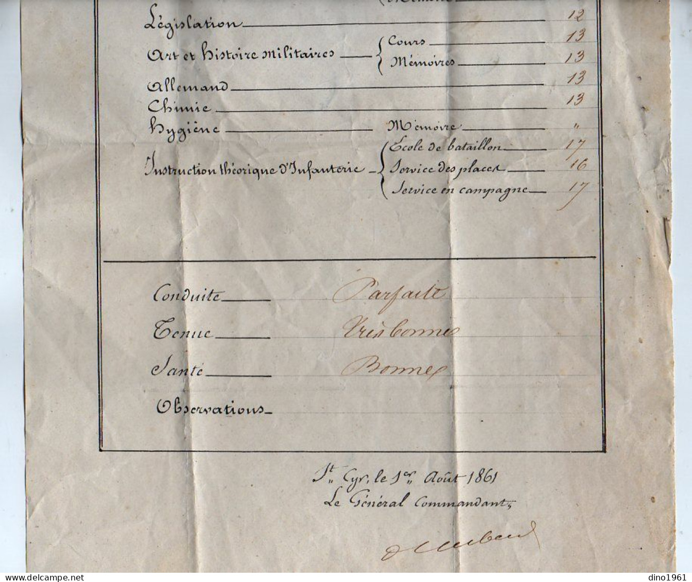 VP22.933 - MILITARIA - SAINT CYR X PARIS 1861 - Ecole Impériale Spéciale Militaire, Notes Sur L'Elève VIGOUROUX - Documenti