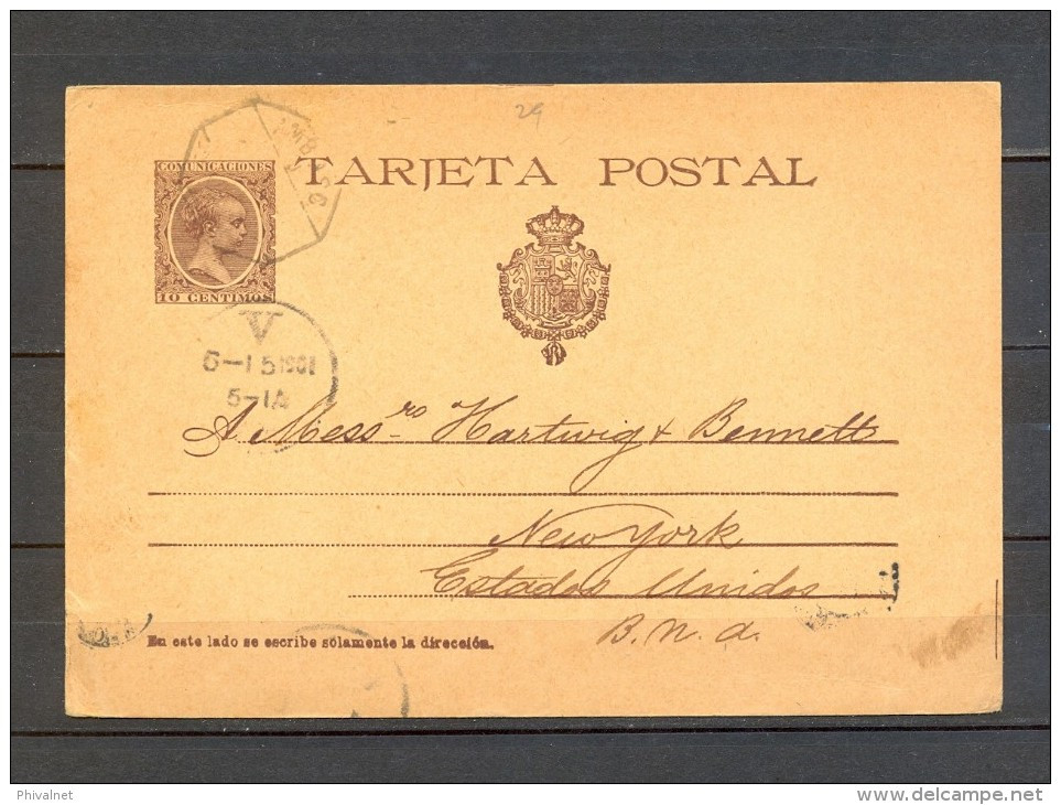 1901 DENIA - ALICANTE , ENTERO POSTAL ED. 36, CIRCULADO A NUEVA YORK, ALFONSO XIII, PELÓN - 1850-1931