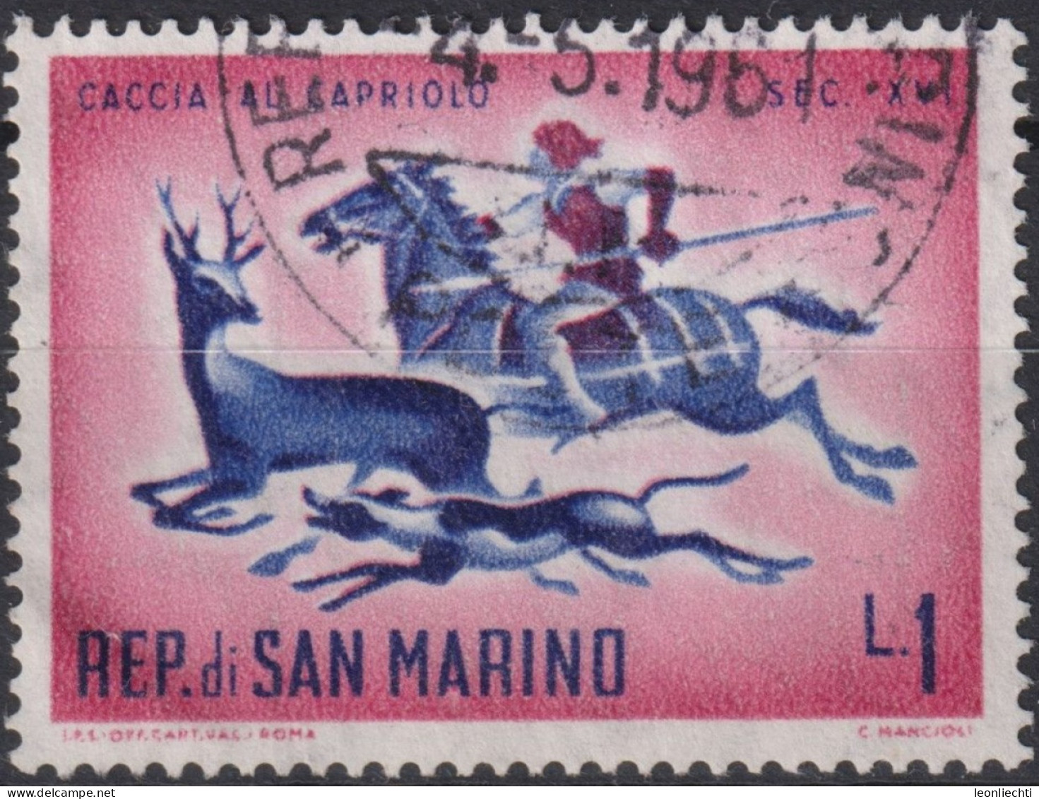 1961 San Marino ° Mi:SM 686, Sn:SM 477, Yt:SM 510, Deer Hunting, XVI Century - Oblitérés