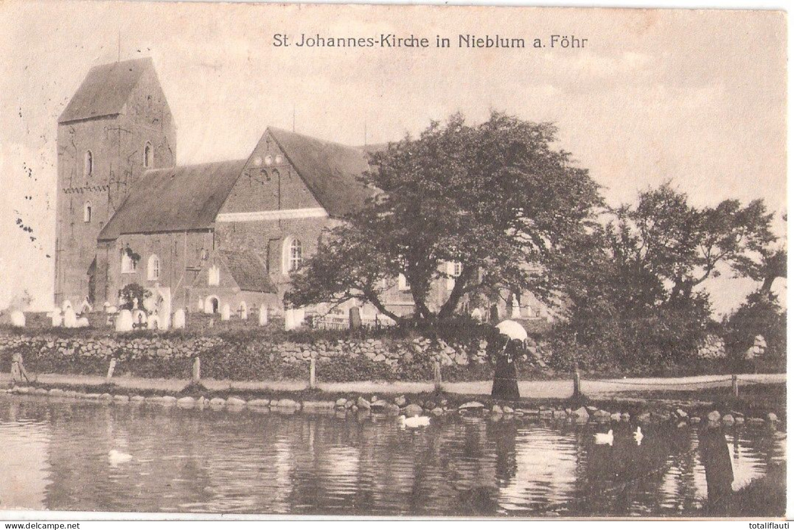 NIEBLUM Auf Föhr Zensurstempel TONDERN U.K. Kirche Friedhof Dame Mit Schirm Füttert Enten Gelaufen 12.12.1917 - Föhr