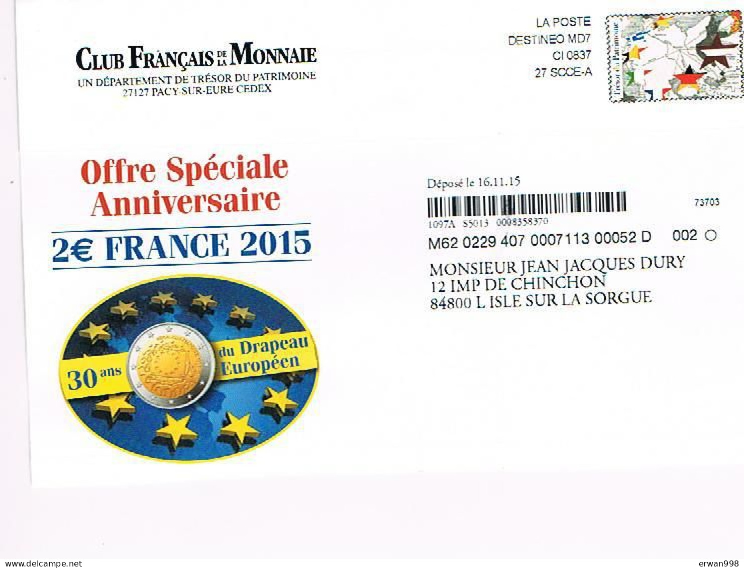 Enveloppe Avec Simili-timbre Drapeau Européen Affranchissement Destineo MD7  Thème EUROPE DRAPEAU (680) - Enteros Privados