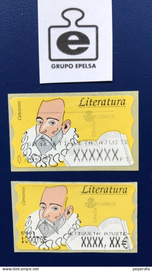 España Spain 1996, LITERATURA CERVANTES, 2 ETIQUETAS AJUSTE, EPELSA,PAPEL SEMI FOSFORESCENTE PTS / EURO - Automaatzegels [ATM]