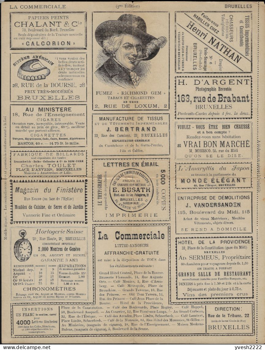 Belgique Vers 1885. Feuillet La Commerciale, Ex Entier Annonces ? Dentisterie Billard Tabac Vélo Parfum Chasse Pêche RR - Vélo