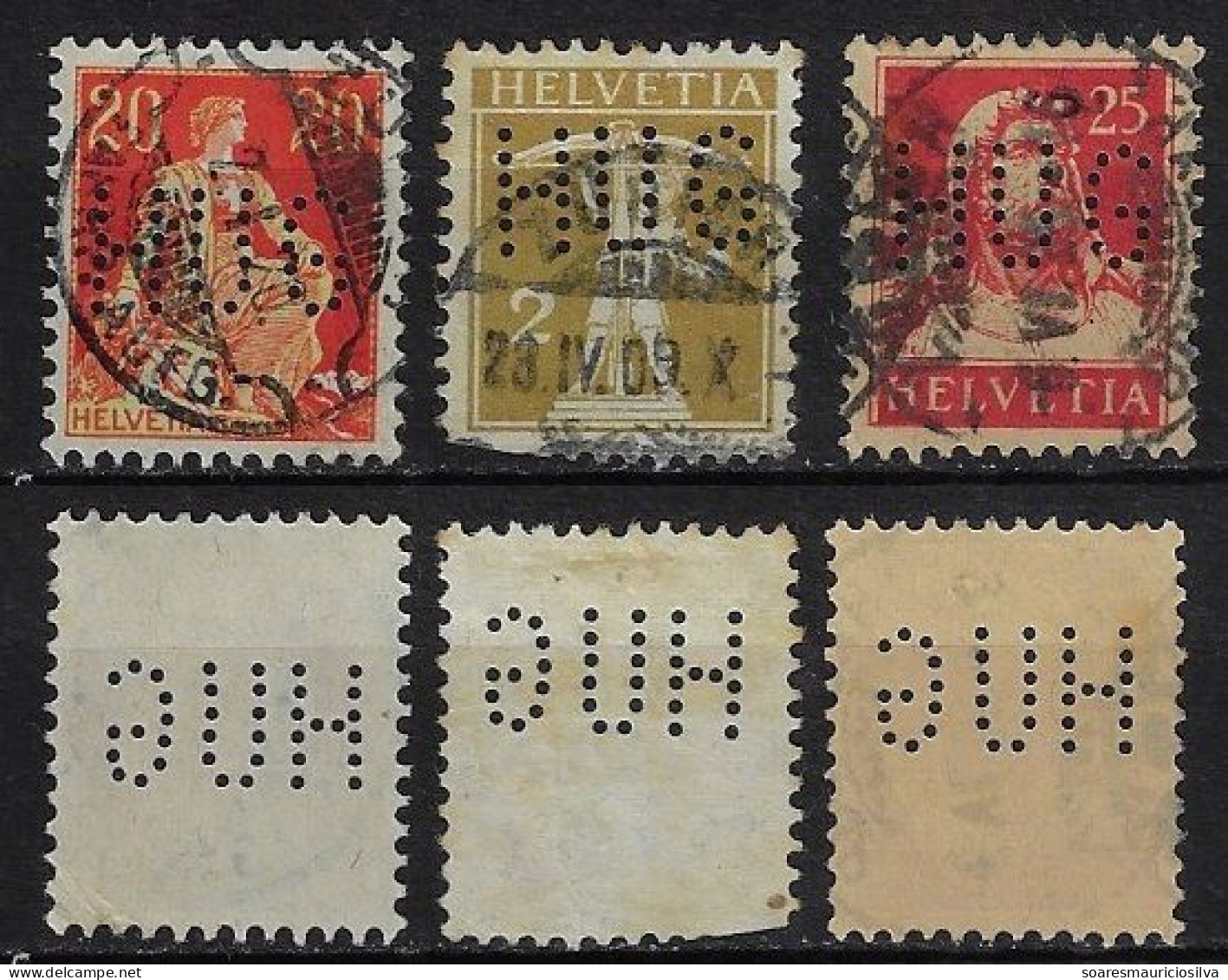 Switzerland 1897/1944 3 Stamp With Perfin HUG By Hug & Co Music Store In Zurich And Basel Lochung Perfore - Perforadas