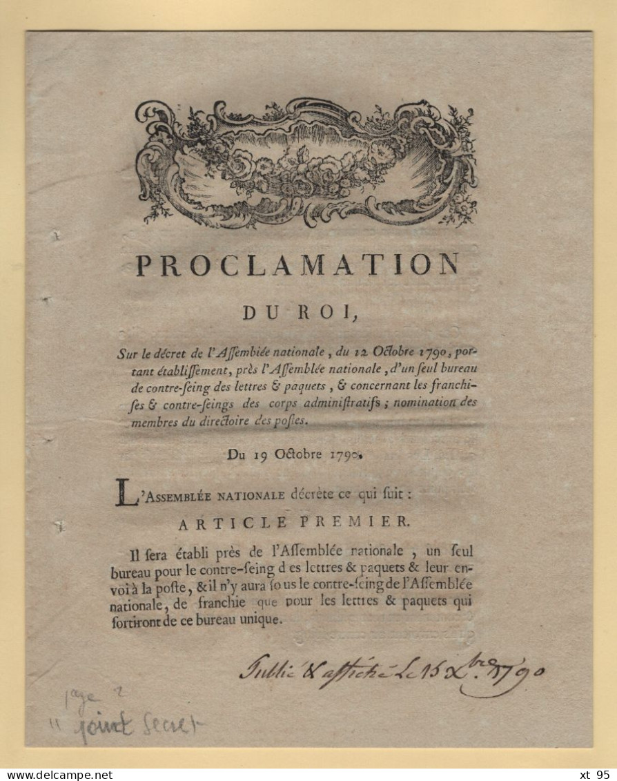 Proclamation Du Roi - 19 Octobre 1790 - Contre Seing Des Lettres Et Paquets Franchises - Directoire Des Postes - 6 Pages - 1701-1800: Precursores XVIII