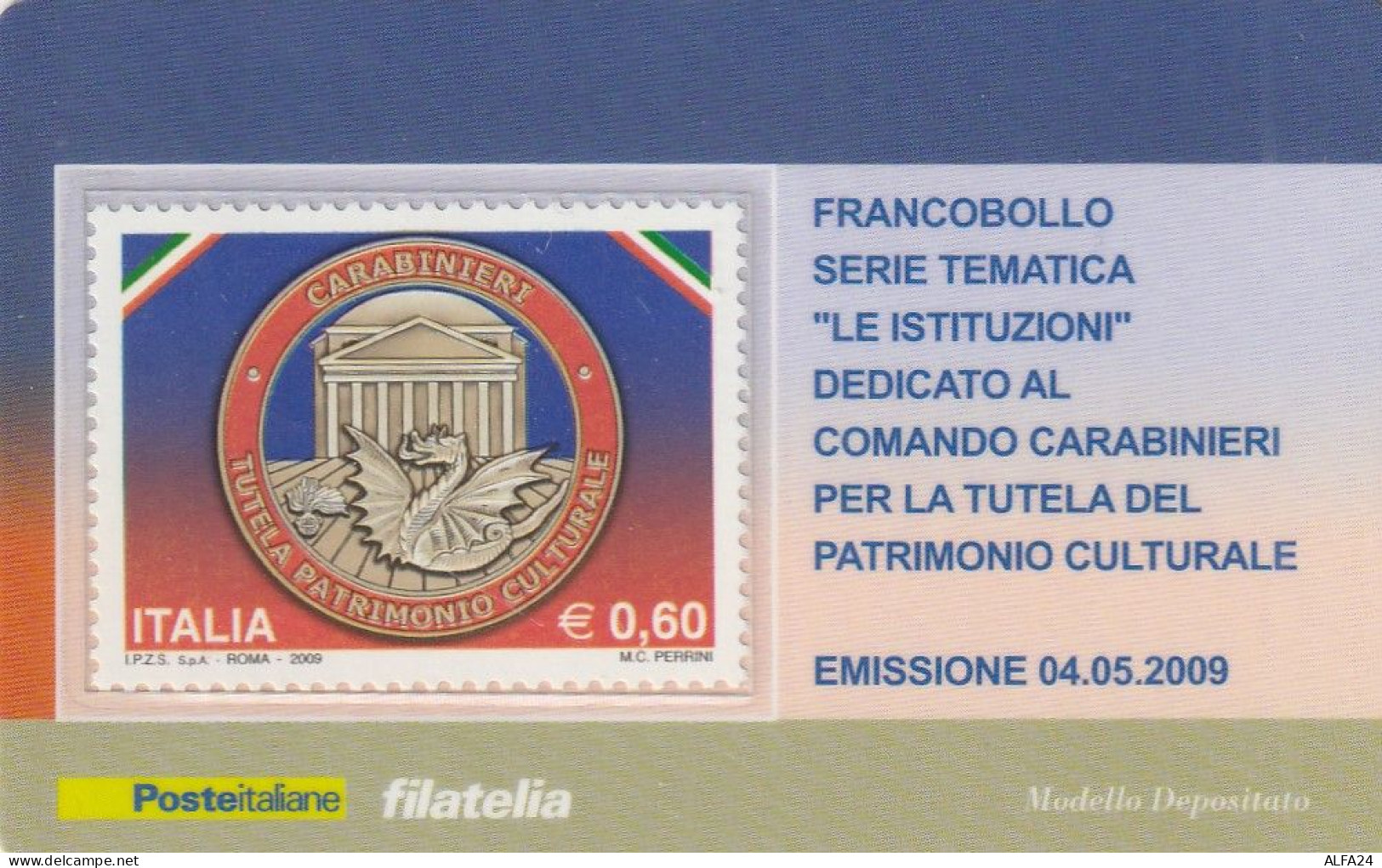 TESSERA FILATELICA VALORE 0,6 EURO CARABINIERI PATRIMONIO CULTURALE (TF1157 - Cartes Philatéliques
