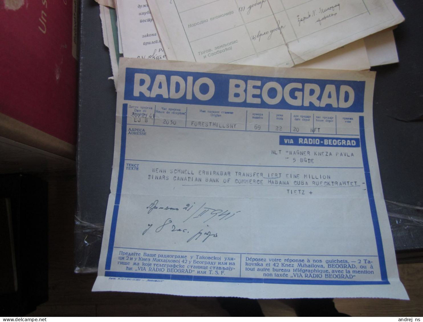 Radiogram Radio Beograd New York 1941 WW2 - Briefe U. Dokumente