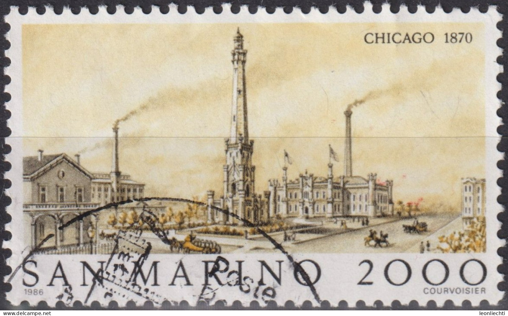 1986 San Marino ° Mi:SM 1341, Sn:SM 1110, Yt:SM 1136, AMERIPEX ’86, Chicago, Old Water Tower, Chicago-1870 - Gebraucht