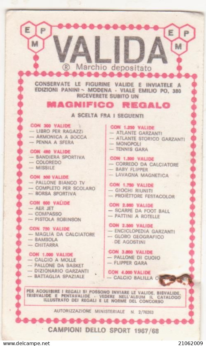 531 TIRO A VOLO - GALLIANO ROSSINI - VALIDA - CAMPIONI DELLO SPORT 1967-68 PANINI STICKERS FIGURINE - Trading-Karten
