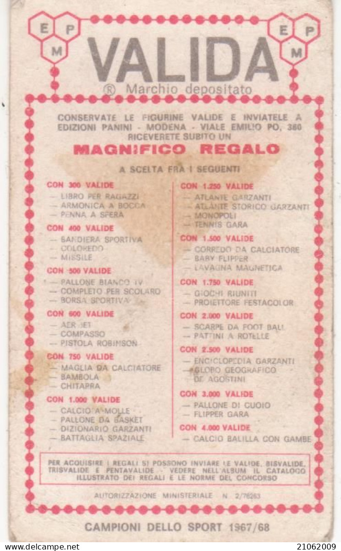 368 PALLACANESTRO - ANTONIO CALEBOTTA - VALIDA - CAMPIONI DELLO SPORT 1967-68 PANINI STICKERS FIGURINE - Autres & Non Classés