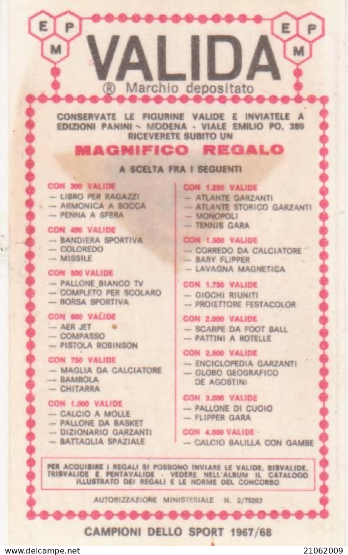 120 BASEBALL - GIAMPIERO FARAONE - VALIDA - CAMPIONI DELLO SPORT 1967-68 PANINI STICKERS FIGURINE - Non Classés
