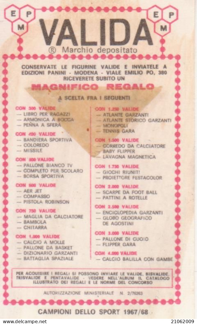 42 ATLETICA LEGGERA - MARIA VITTORIA TRIO - VALIDA - CAMPIONI DELLO SPORT 1967-68 PANINI STICKERS FIGURINE - Athlétisme