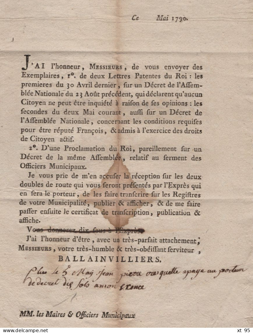 Lettre Imprimee Transporteur Par Porteur - 1790 - Mention Manuscrite Payer 10 Sols Au Porteur - Pour Malves Dans L Aude - 1701-1800: Vorläufer XVIII