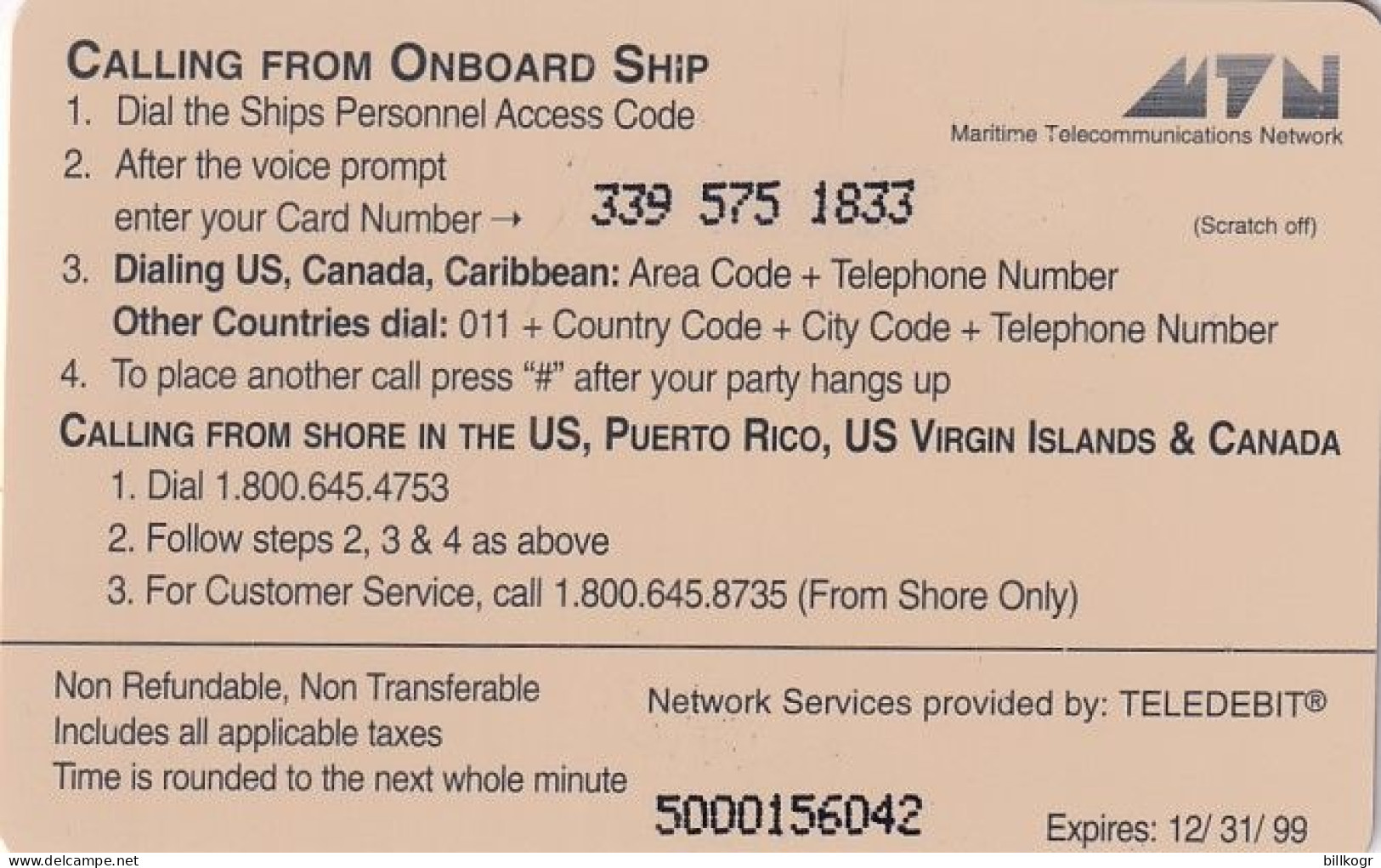 US VIRGIN ISLANDS - Oceanphone By Teledebit Satellite Prepaid Card $20, Exp.date 31/12/99, Used - Maagdeneilanden