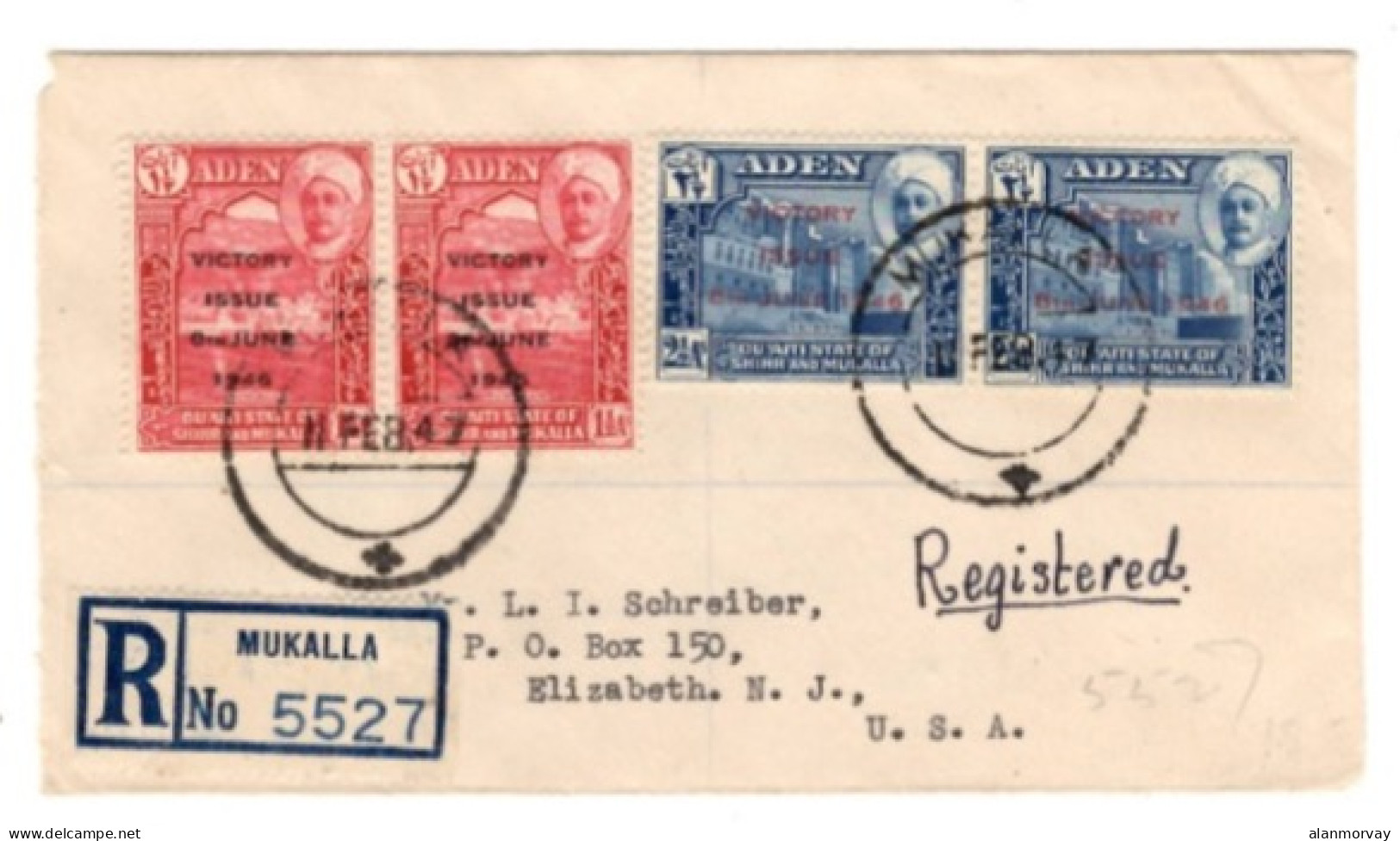 Aden - Aden Quaiti State Of Shihr And Mukalla February 11, 1947 Registered Cover To USA - Aden (1854-1963)