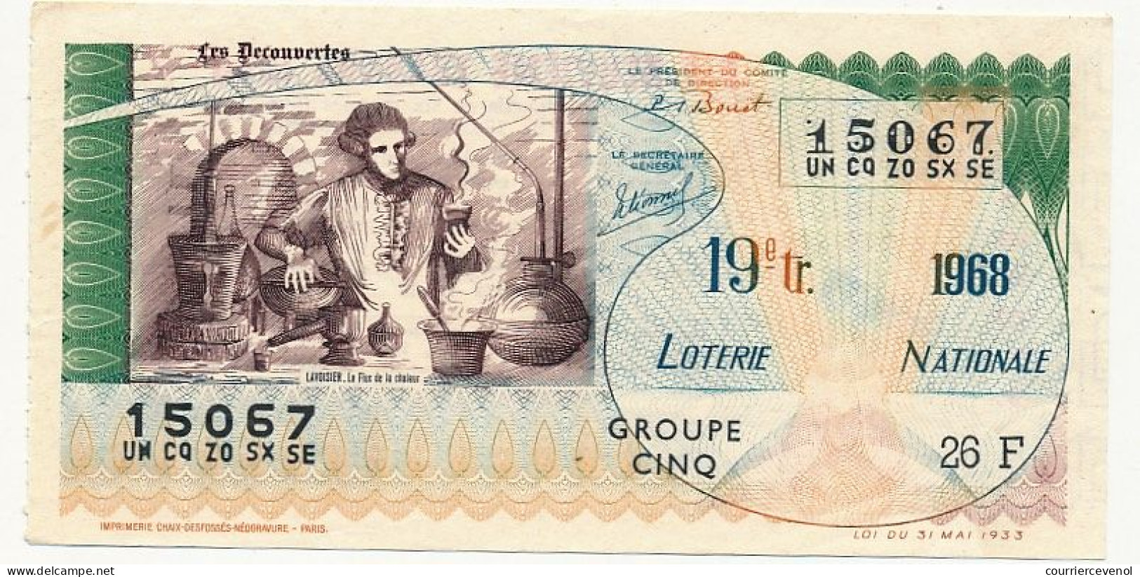 FRANCE - Loterie Nationale - Les Découvertes - Lavoisier, Le Flux De La Chaleur - 19ème Tranche - 1968 - Loterijbiljetten