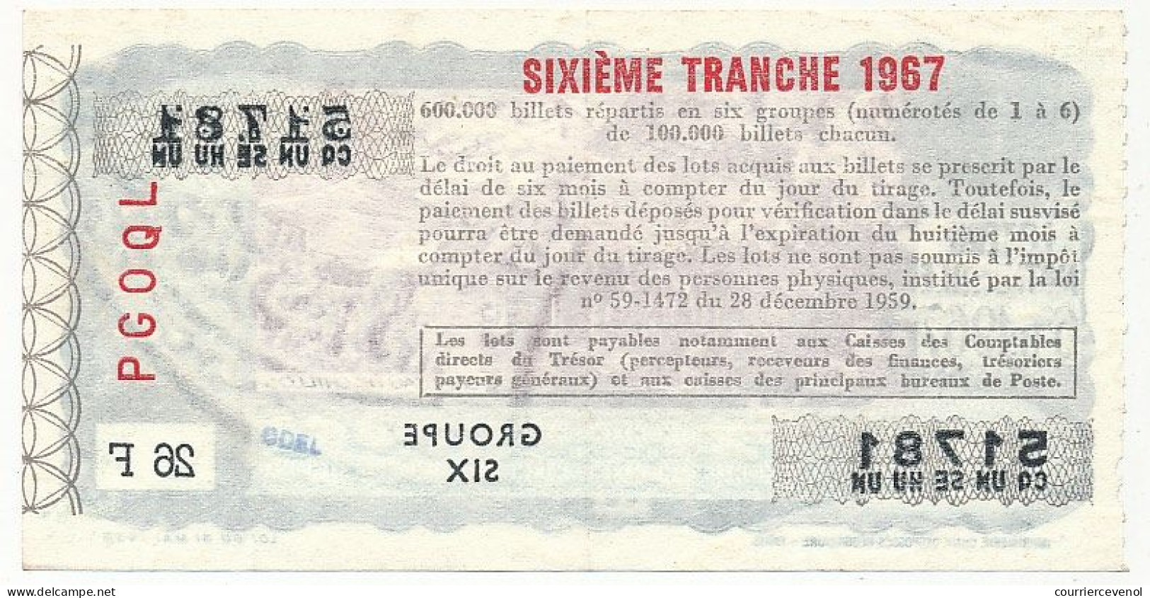 FRANCE - Loterie Nationale - Le Chateau De Chillon - 6ème Tranche - 1967 - Billets De Loterie