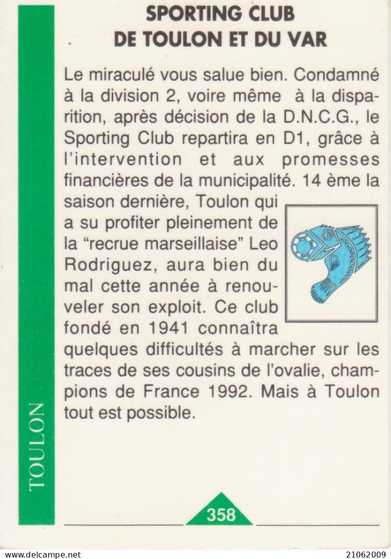 358 SPORTING CLUB DE TOULON ET DU VAR - PANINI FRANCE 93 1992-93 CALCIO FOOTBALL TRADING CARD - Trading Cards