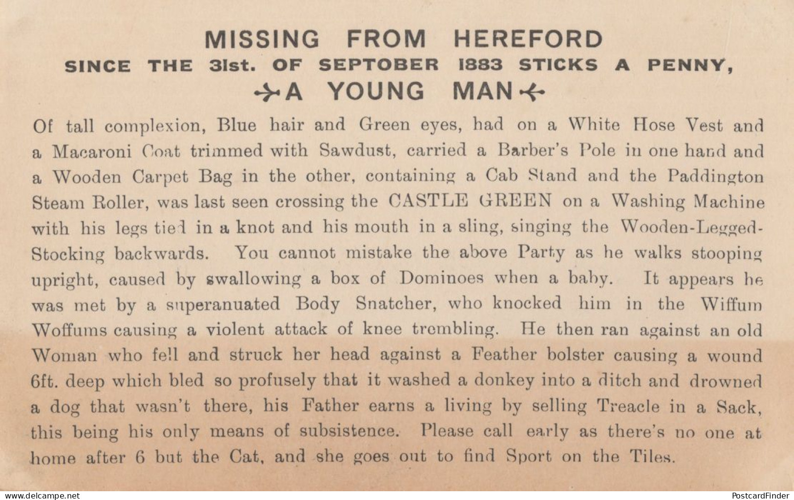 Missing In Hereford Victorian Barber Washing Machine Old Postcard - Herefordshire