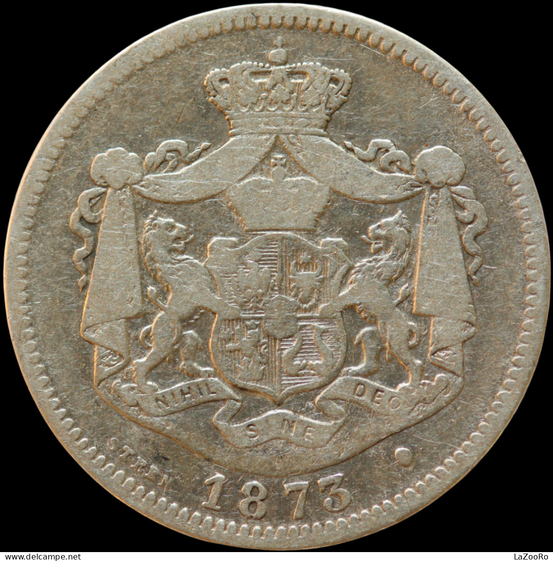 LaZooRo: Romania 1 Leu 1873 F / VF - Silver - Romania