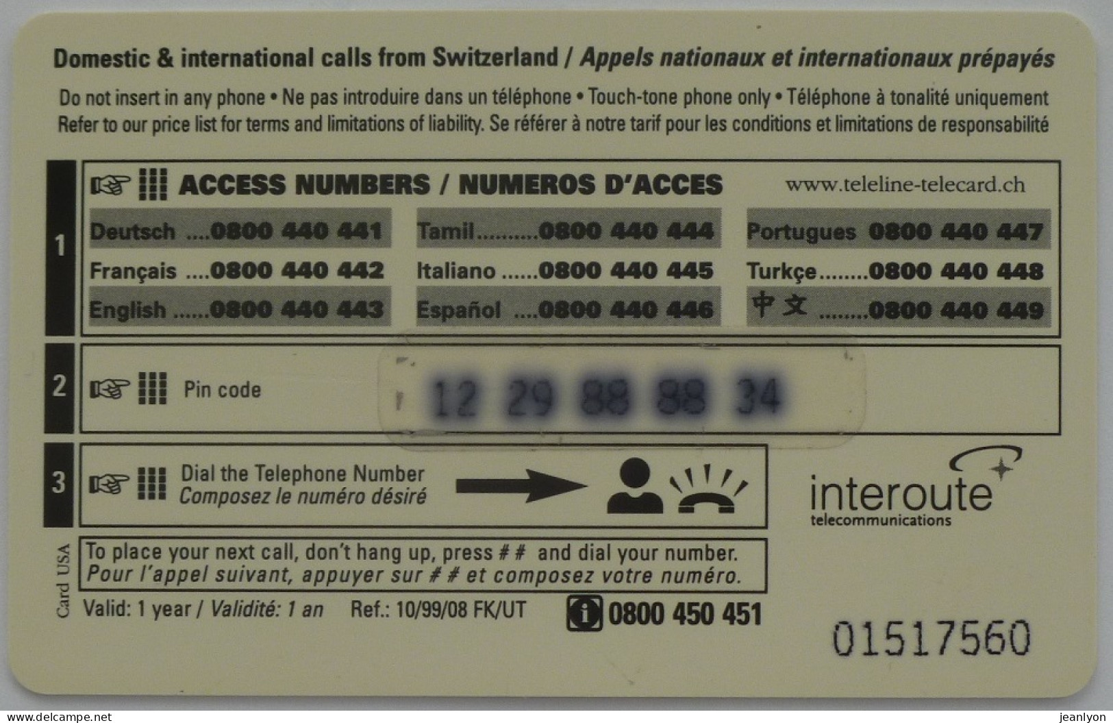 HIPPOPOTAME - Carte Téléphone Suisse Prépayée TELELINE Utilisée - Other & Unclassified