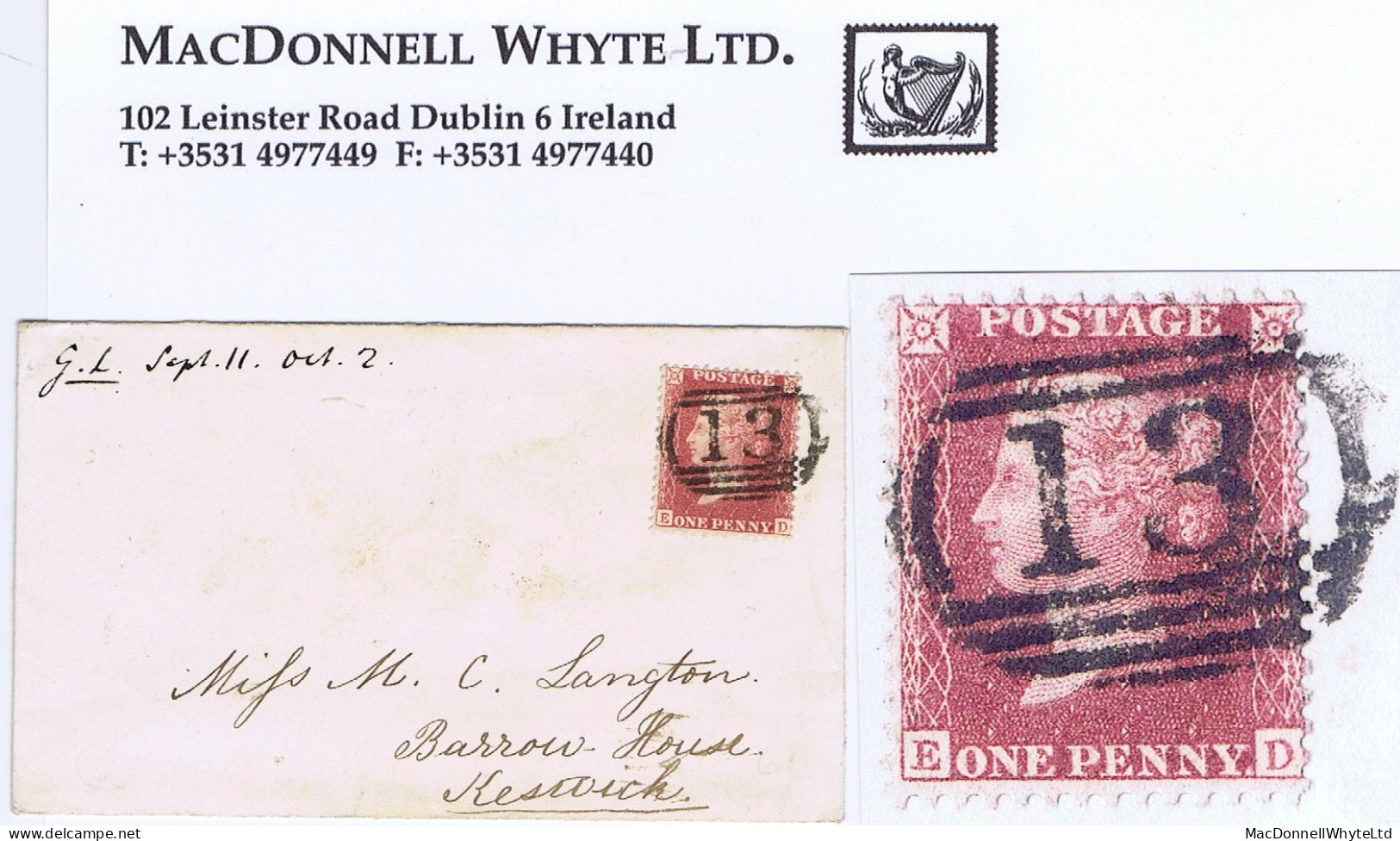 Great Britain 1858 LC14 1d Red Plate 27 ED Brilliant Fresh Used On Clean Cover Tied "13" Oval Of Ambleside - Briefe U. Dokumente