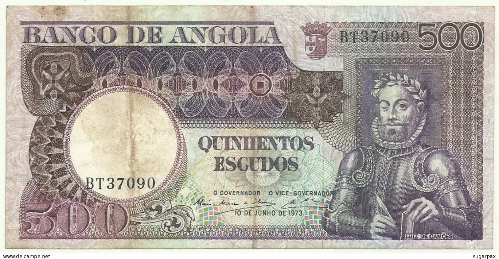 Angola - 500 Escudos - 10.6.1973 - Pick: 107 - Serie BT - Luiz De Camões - PORTUGAL - Angola