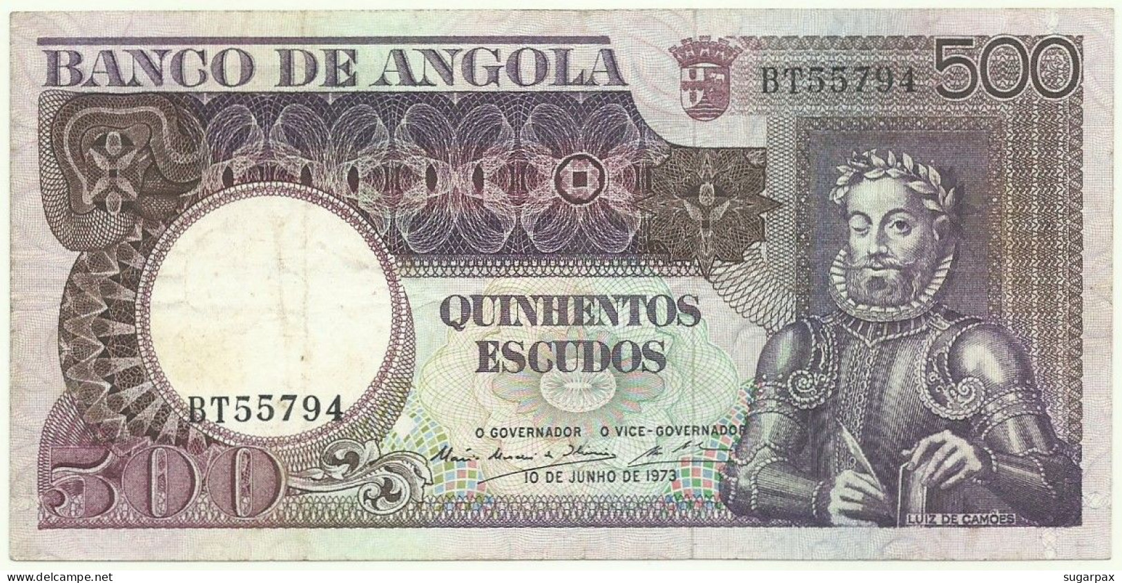 Angola - 500 Escudos - 10.6.1973 - Pick: 107 - Serie BT - Luiz De Camões - PORTUGAL - Angola