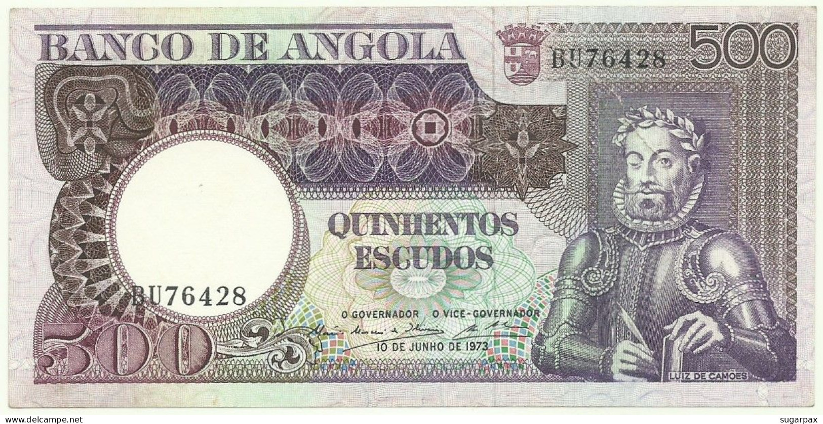 Angola - 500 Escudos - 10.6.1973 - Pick: 107 - Serie BU - Luiz De Camões - PORTUGAL - Angola