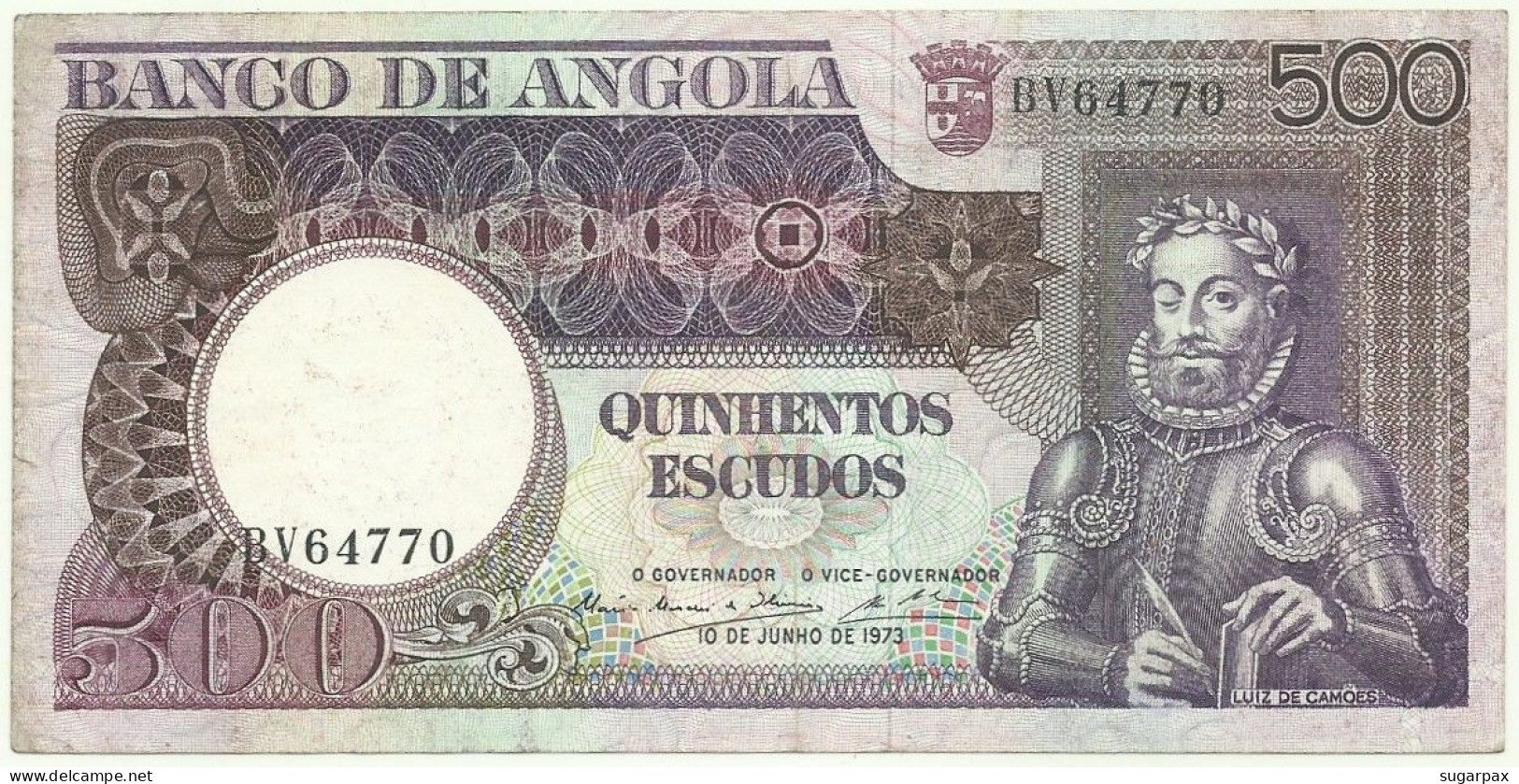 Angola - 500 Escudos - 10.6.1973 - Pick: 107 - Serie BV - Luiz De Camões - PORTUGAL - Angola