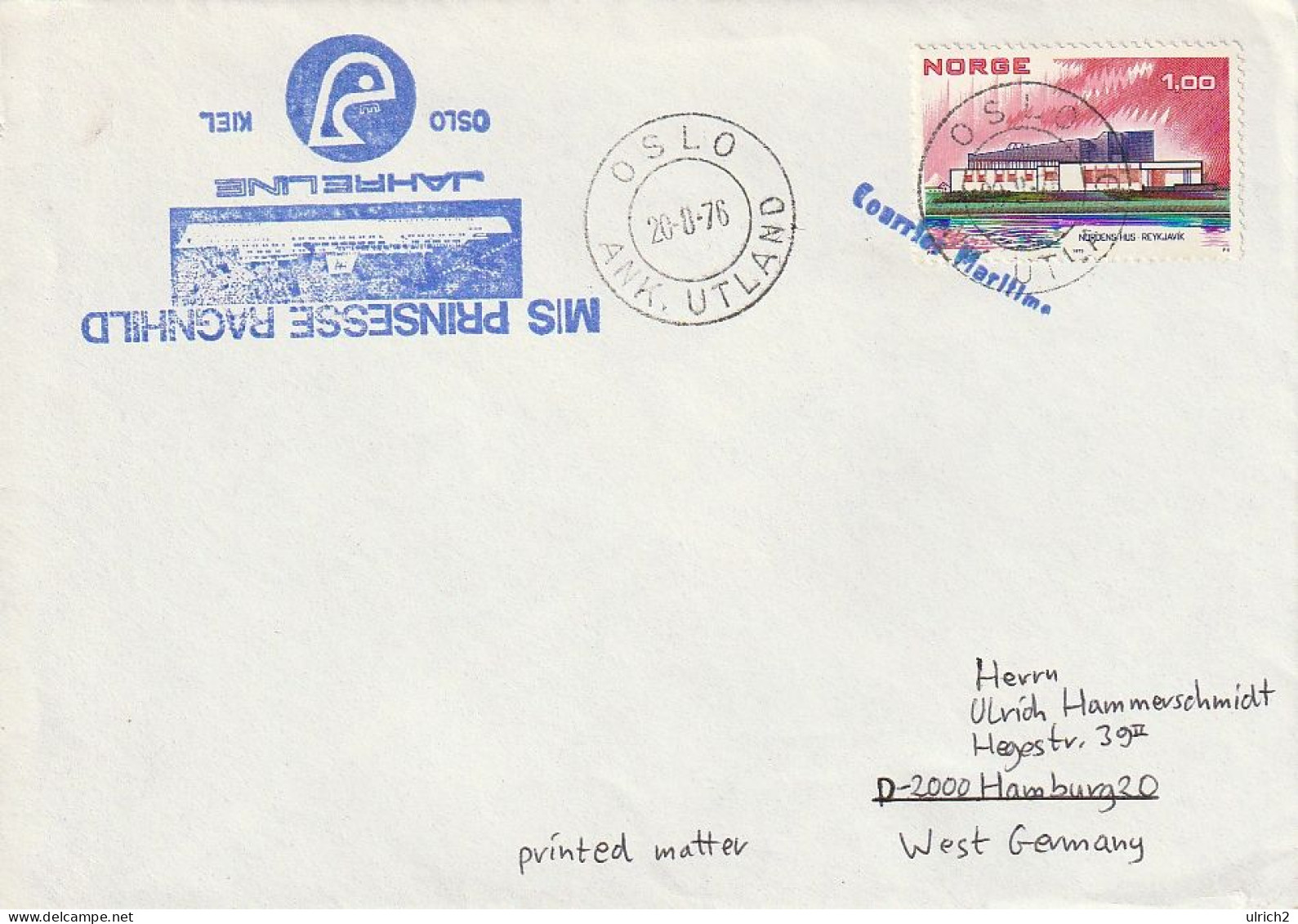 Norway - Maritime Post - Courrier Maritime - M/S Prinsesse Ragnhild - Oslo 1976  (67178) - Brieven En Documenten