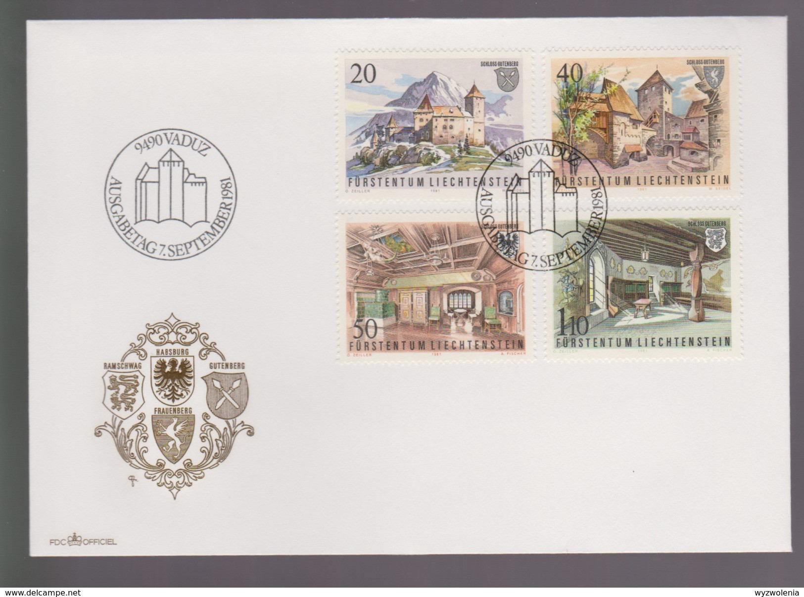 B 509) Liechtenstein 1981 Mi# 780-783 FDC: Burg Gutenberg, Hof Stube Rittersaal (Architektur) - Briefe U. Dokumente