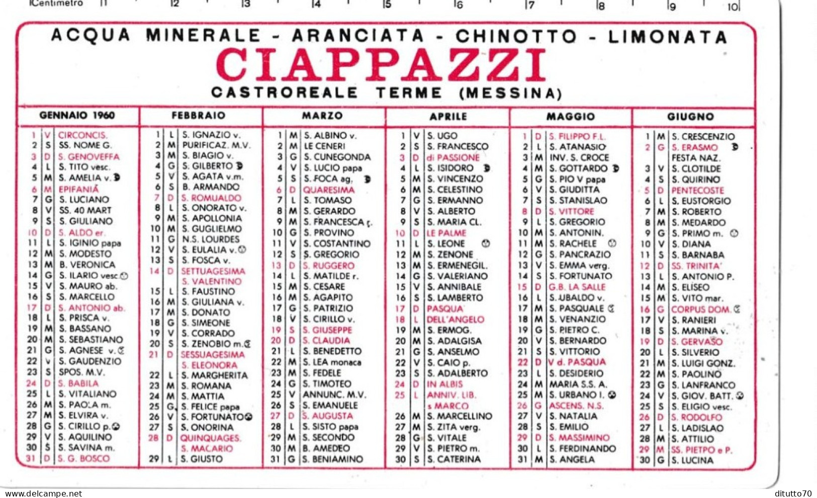 Calendarietto - Acqua Minerale - Ciappazzi - Castroreale Terme - Messina - Anno 1960 - Petit Format : 1941-60