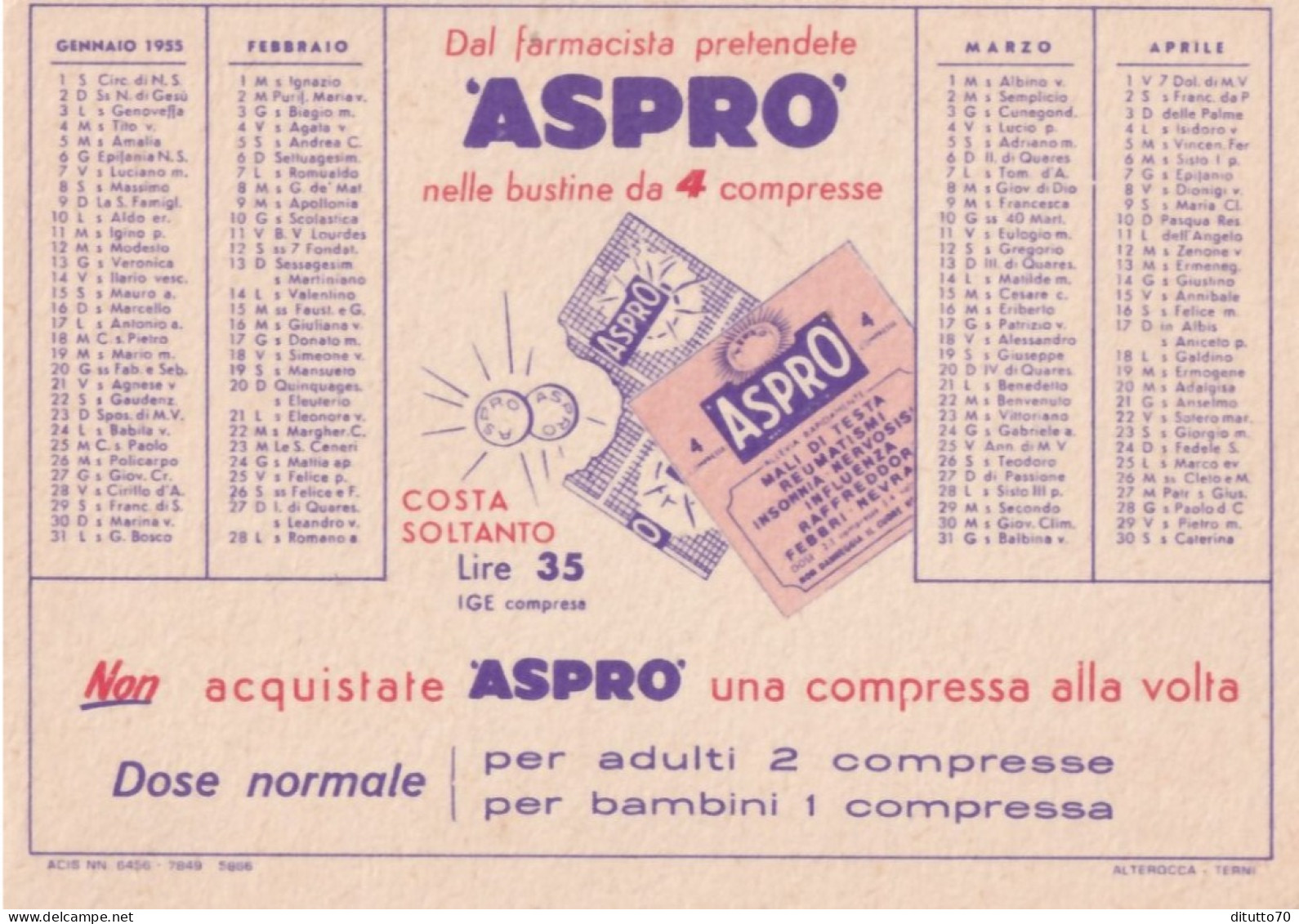 Calendarietto - Aspro - Anno 1955 - Petit Format : 1941-60