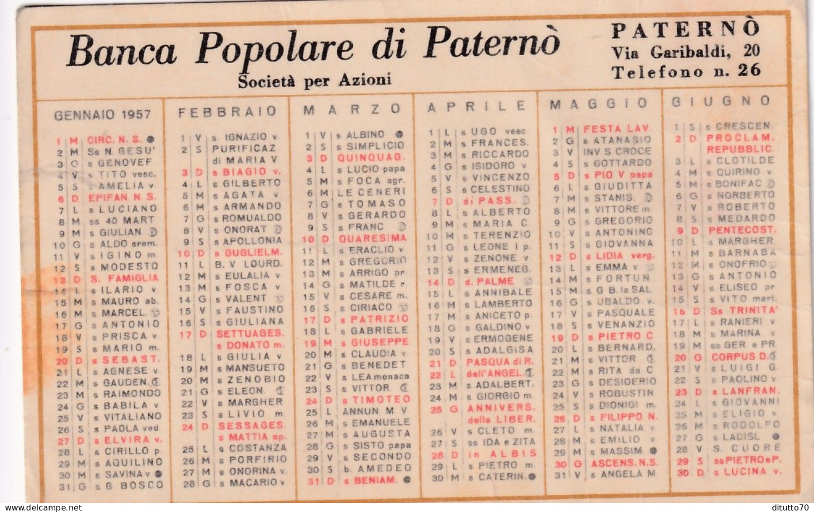 Calendarietto - Banca Popolare Di Paternò - Anno 1957 - Petit Format : 1941-60