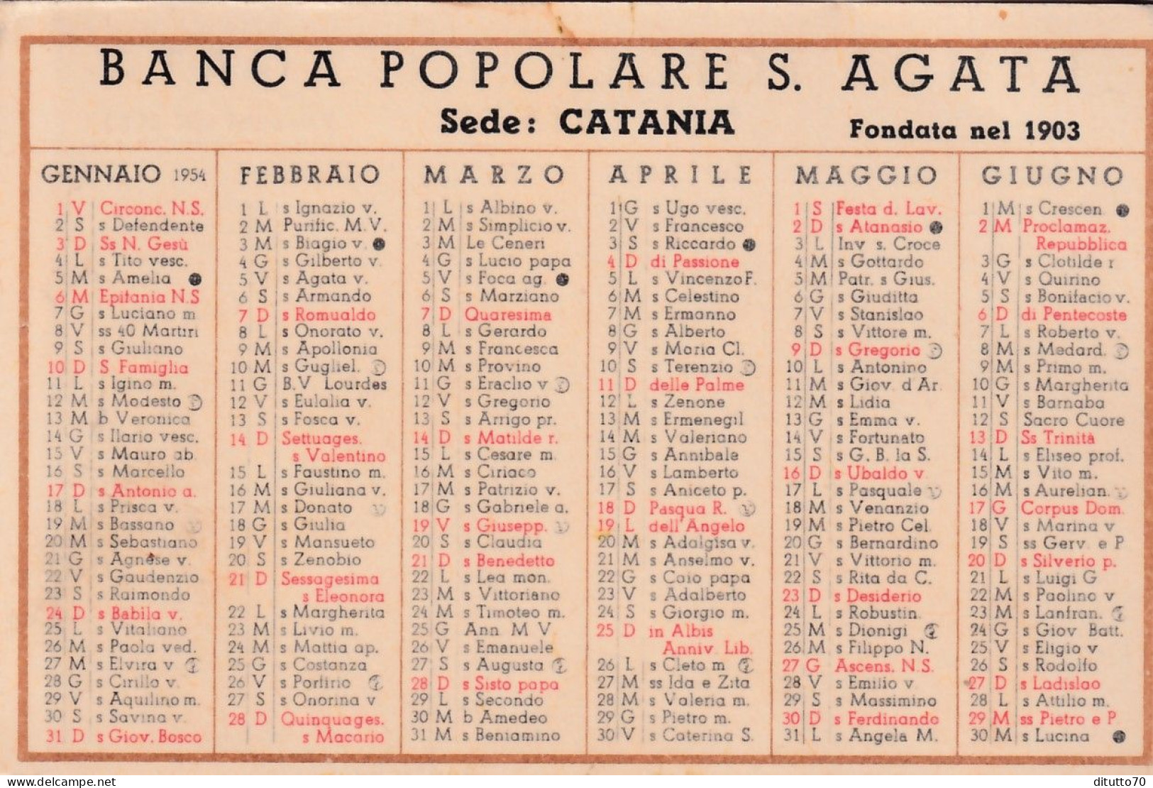 Calendarietto - Banca Popolare S.agata - Catania - Anno 1954 - Petit Format : 1941-60