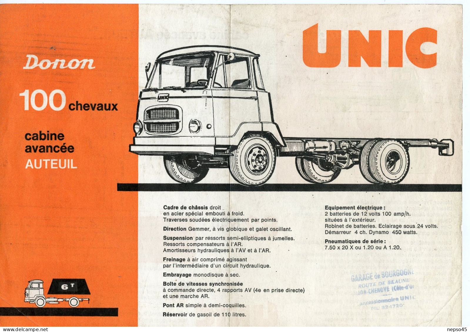 Prospectus Publicitaire.Camion Unic Donon 100 Chevaux Cabine Avancée Auteuil.Garage De Bourgogne.Dijon-Chenove. - Camions
