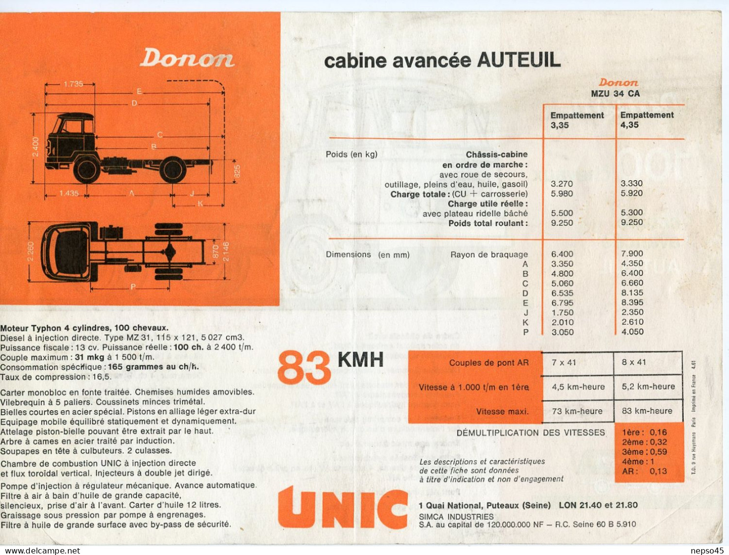 Prospectus Publicitaire.Camion Unic Donon 100 Chevaux Cabine Avancée Auteuil.Garage De Bourgogne.Dijon-Chenove. - Camiones