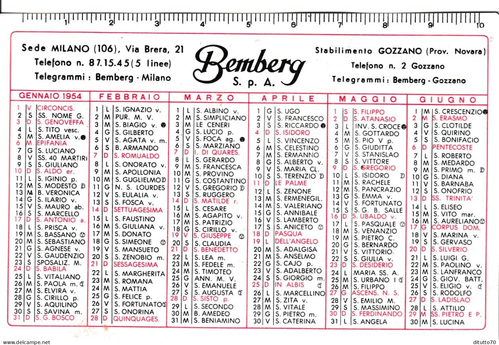 Calendarietto - Bemberg S.p.a. - Goccano - Novara - Anno 1954 - Petit Format : 1941-60