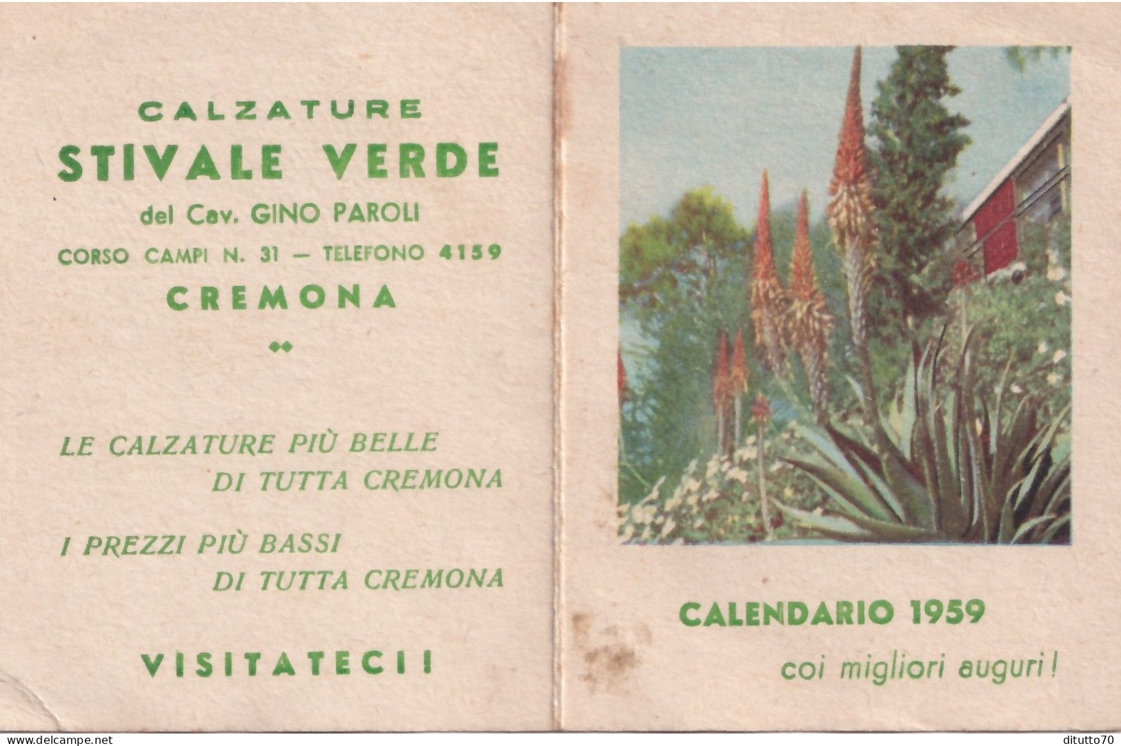 Calendarietto - Calzature Stivale Verde - Cremona - Anno 1959 - Petit Format : 1941-60