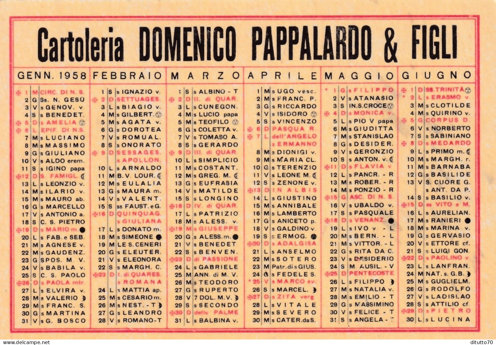 Calendarietto - Cartoleria - Domenico Pappalardo E Figli - Catania - Anno 1958 - Petit Format : 1941-60