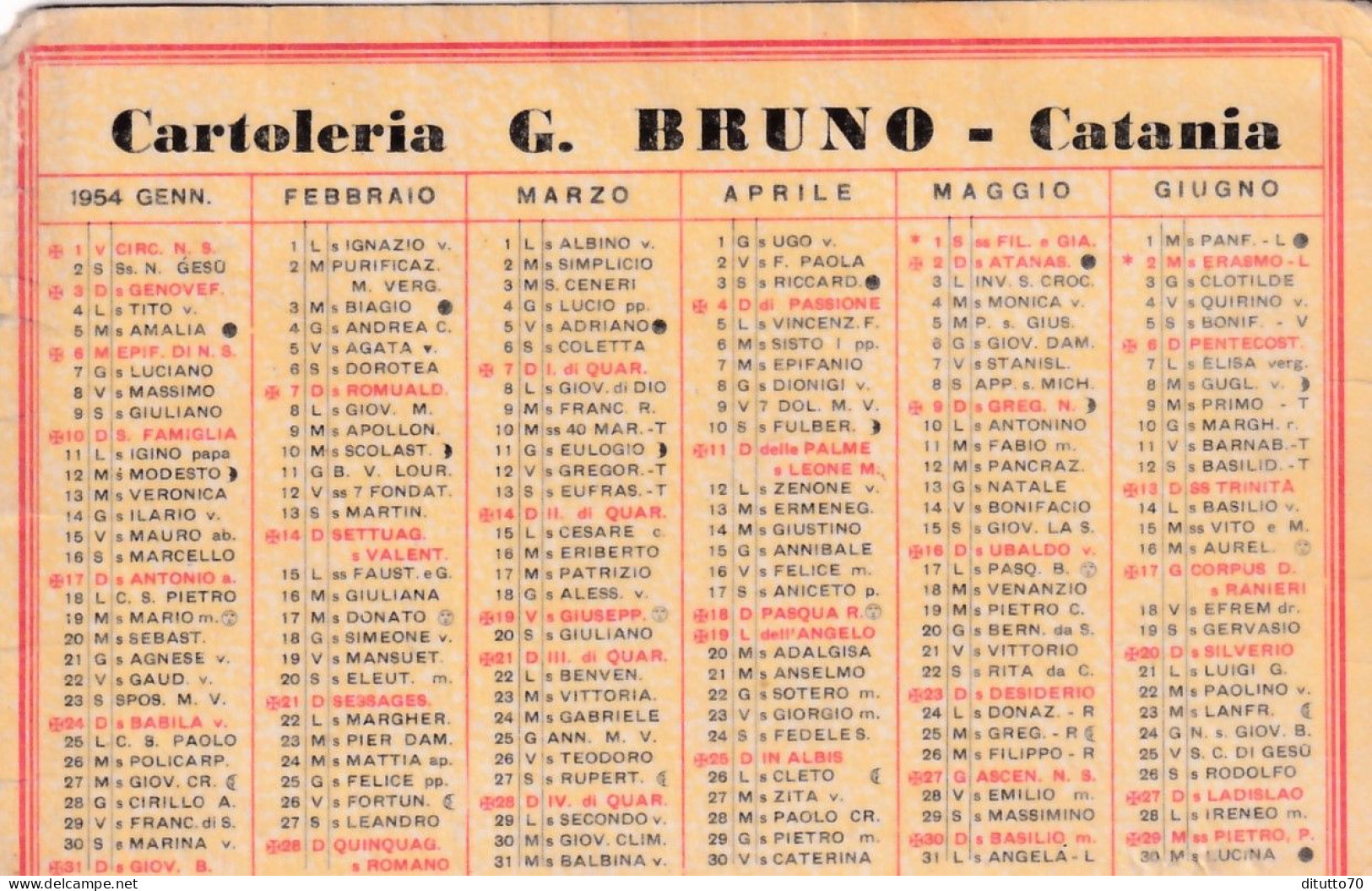 Calendarietto - Cartoleria - G.bruno - Catania - Anno 1954 - Petit Format : 1941-60