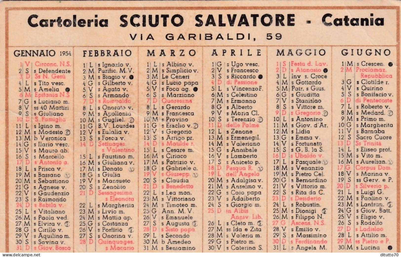 Calendarietto - Cartoleria - Sciuto Salvatore - Catania - Anno 1954 - Petit Format : 1941-60